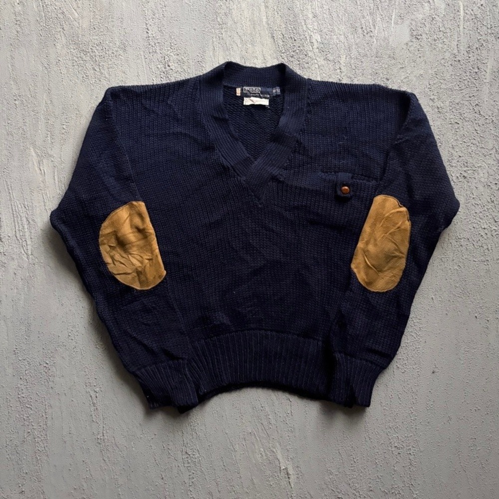 Vintage Polo Ralph Lauren Sweater 44 Blue 1980s Wool V Neck